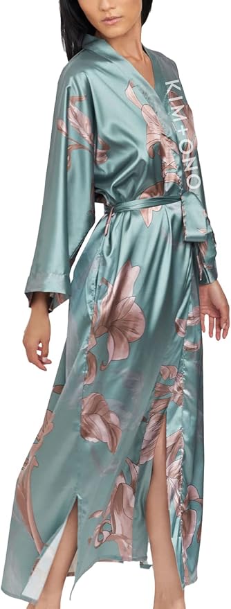 KIM+ONO Plus Size Luxury Kimono Robe for Women | Long Satin Floral Robe | Original Design | Removable Waist Tie Closure