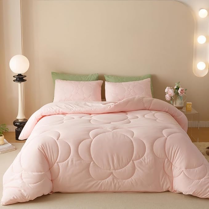 CLOTHKNOW Pink Blush Full Size Comforter Sets 3Pcs Daisy Puff Bedding Comforter Sets Soft Boho Comforter Pink Comforter with 2 x Pillow Cases