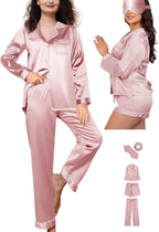 WJing Yi Jia 5Pcs XS-XXL Womens Silk Satin Pajamas Sets Long Pj Sets Button Down Pjs Set Loungewear Sleepwear