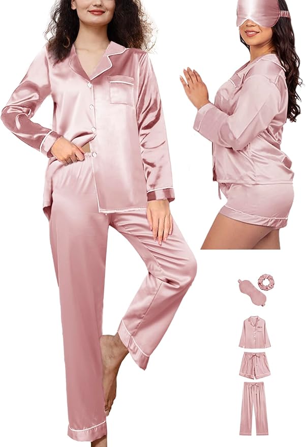 WJing Yi Jia 5Pcs XS-XXL Womens Silk Satin Pajamas Sets Long Pj Sets Button Down Pjs Set Loungewear Sleepwear