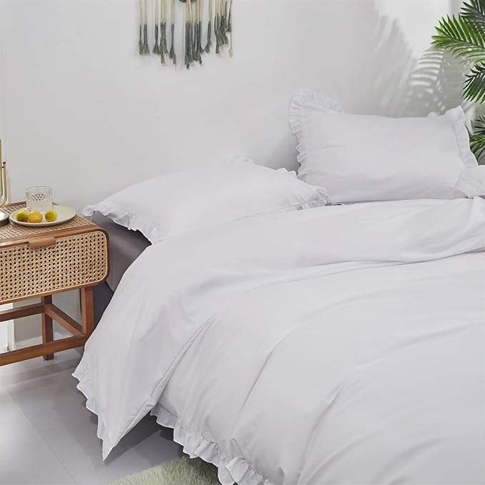 Cottonight Ruffle White Comforter Set California King Farmhouse Shabby Bedding Comforter Set Ruffled Friange White Blanket Quilts Soft Breathable Bedding Set for Cal King Bed