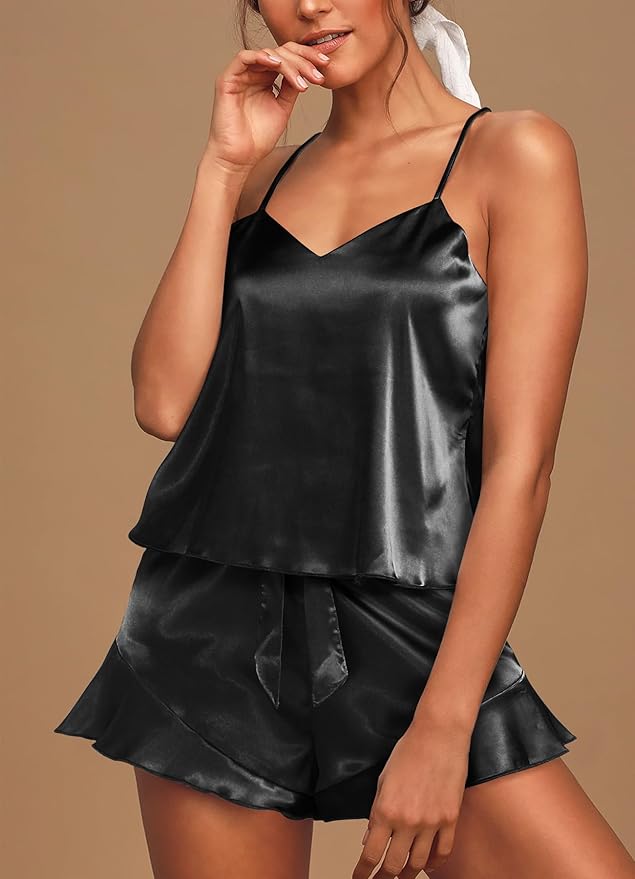 Aamikast Womens Silk Satin Pajama Sets Sexy Cami Ruffled Shorts Sets 2 Piece Pjs Sleepwear