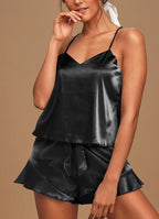 Aamikast Womens Silk Satin Pajama Sets Sexy Cami Ruffled Shorts Sets 2 Piece Pjs Sleepwear
