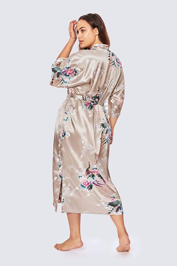 KIM+ONO Plus Size Luxury Kimono Robe for Women | Long Satin Floral Robe | Original Design | Removable Waist Tie Closure
