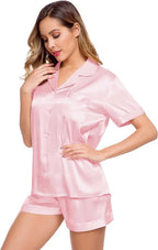 LecGee Womens Silk Satin Pajamas Short Sleeve Loungewear Two-Piece Sleepwear Button-Down Pj Set