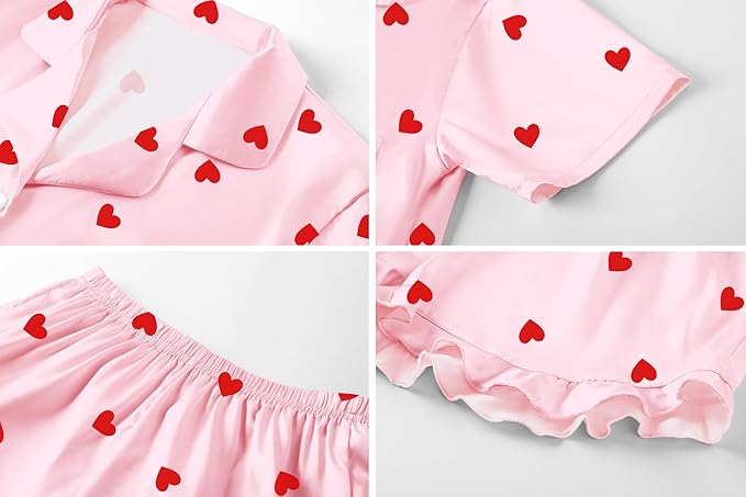 Umeyda Girls & Women Satin Pajamas Set Button Down 2 Piece Silk Pjs Shorts Set Ruffle Sleepwear, 5 Years-Women L