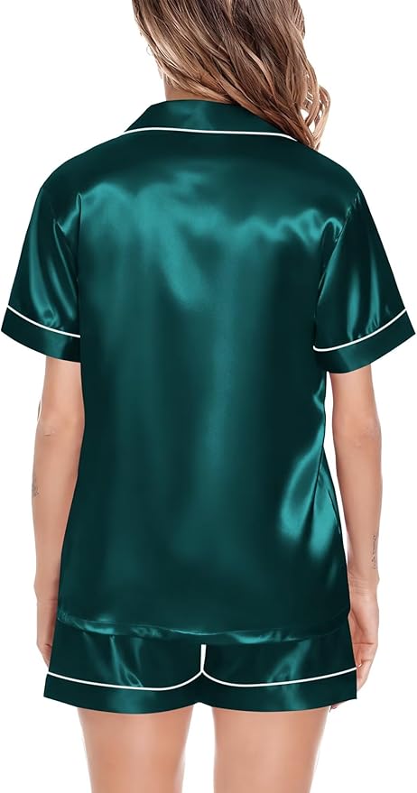 SWOMOG Satin Matching Pajamas Sets Couple Silk Button Down Nightwear Women & Men Short Sleeve Sleepwear 2 Pieces Loungewear