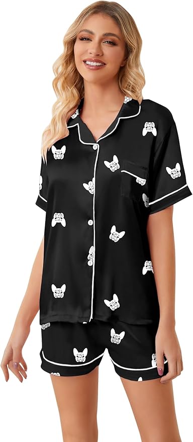 Umeyda Women & Girls Pajamas Set, Soft Satin Lightweight Silk Button-Down Top with Shorts 2 Piece PJS for Mom Boys Kids Gifts