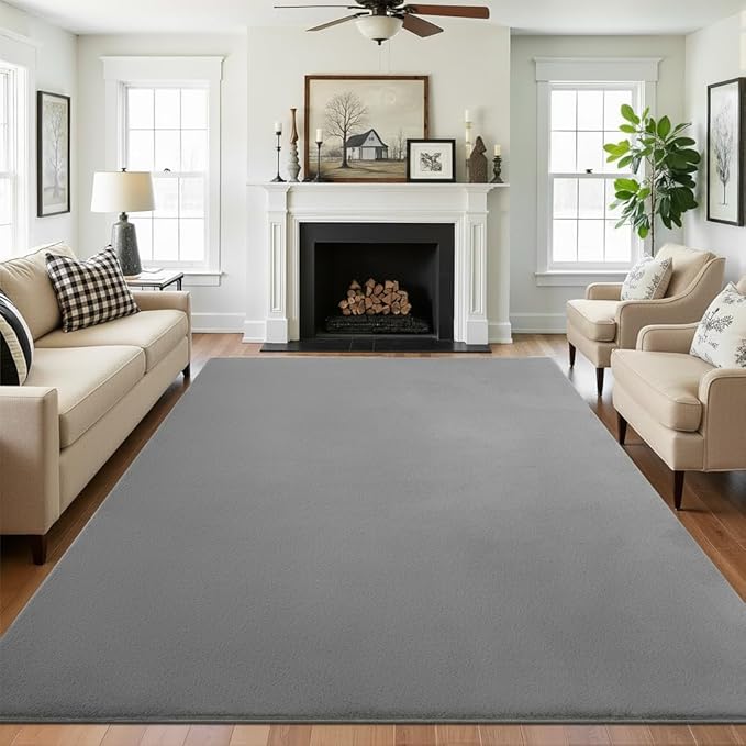 SHACOS Silky Soft Faux Rabbit Fur Area Rug 6'x9' Non Slip Washable Padded Throw Rugs Fluffy Cozy Indoor Modern Carpet for Living Room Bedroom Dining Room Kids Room Dorm Home Decor, Grey