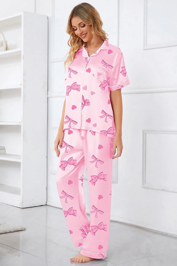 Umeyda Girls Womens Pajamas Set, Satin Silky Button Down Loungewear 2 Piece Short Sleeve Pants PJS Sets for Mommy Kids
