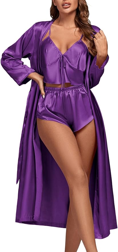 OPOIPIN Women's 3 Piece Pajama Set Sexy Cami Top and Shorts with Robe Sleepwear Loungewear Set