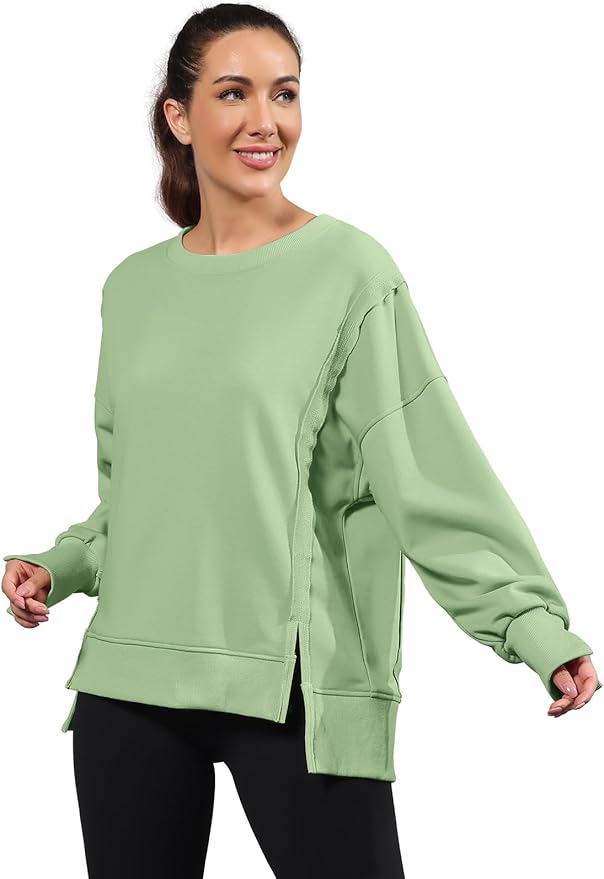 Nirovien Womens Oversized Crewneck Sweatshirt Side Slit Long Sleeve Pullover Slouchy Fit Tops