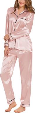 SWOMOG Womens Silk Satin Pajamas Set Long Sleeve Button Down Sleepwear 2 Piece Lounge Set Pj Set XS-3XL