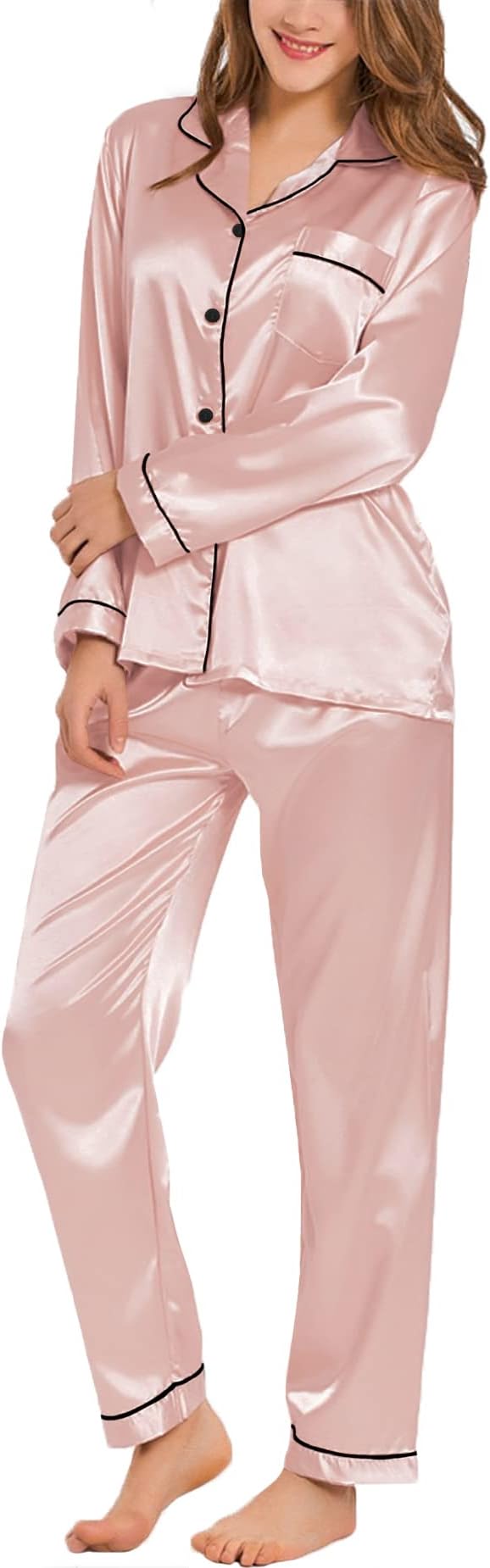 SWOMOG Womens Silk Satin Pajamas Set Long Sleeve Button Down Sleepwear 2 Piece Lounge Set Pj Set XS-3XL