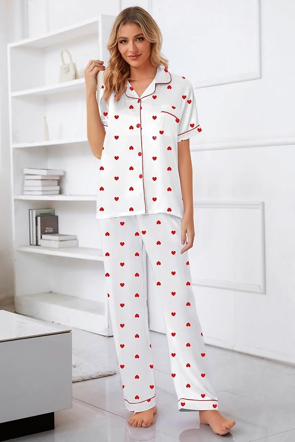 Umeyda Girls Womens Pajamas Set, Satin Silky Button Down Loungewear 2 Piece Short Sleeve Pants PJS Sets for Mommy Kids