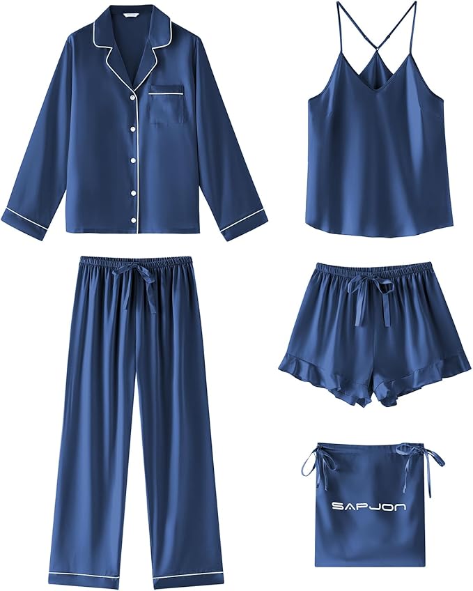 SAPJON Satin Silk Pajamas for Women Set 5PCS Classic Button Down Pajamas Top and Pants Cami and Ruffle Shorts Sleepwear