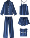 SAPJON Satin Silk Pajamas for Women Set 5PCS Classic Button Down Pajamas Top and Pants Cami and Ruffle Shorts Sleepwear