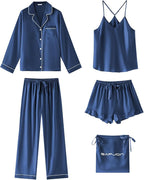 SAPJON Satin Silk Pajamas for Women Set 5PCS Classic Button Down Pajamas Top and Pants Cami and Ruffle Shorts Sleepwear