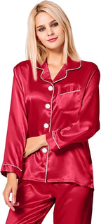 SWOMOG Womens Silk Satin Pajamas Set Long Sleeve Button Down Sleepwear 2 Piece Lounge Set Pj Set XS-3XL
