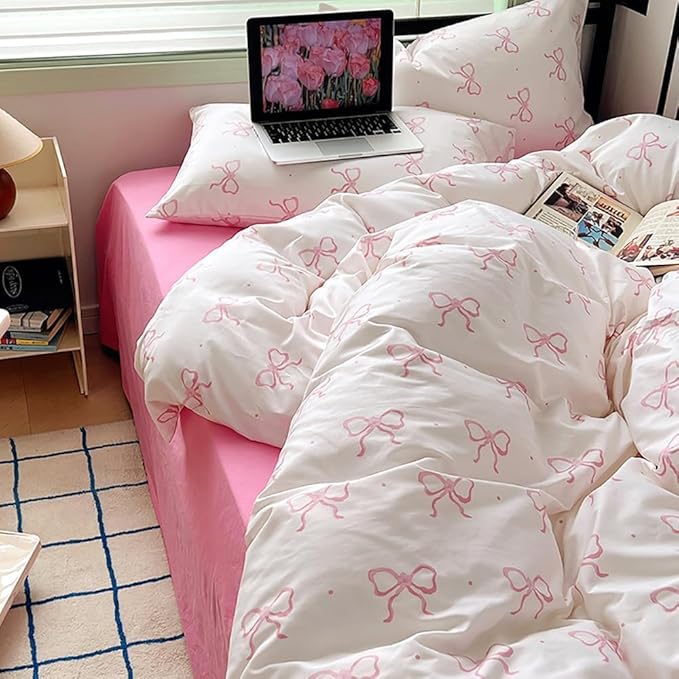 Nayoroom Pink Bow Duvet Cover Queen Size Polka Dot Bowknot Coquette Duvet Cover 3 Pieces Soft Lightweight Microfiber Girls Cute Aesthetic Dorm Bedding Set