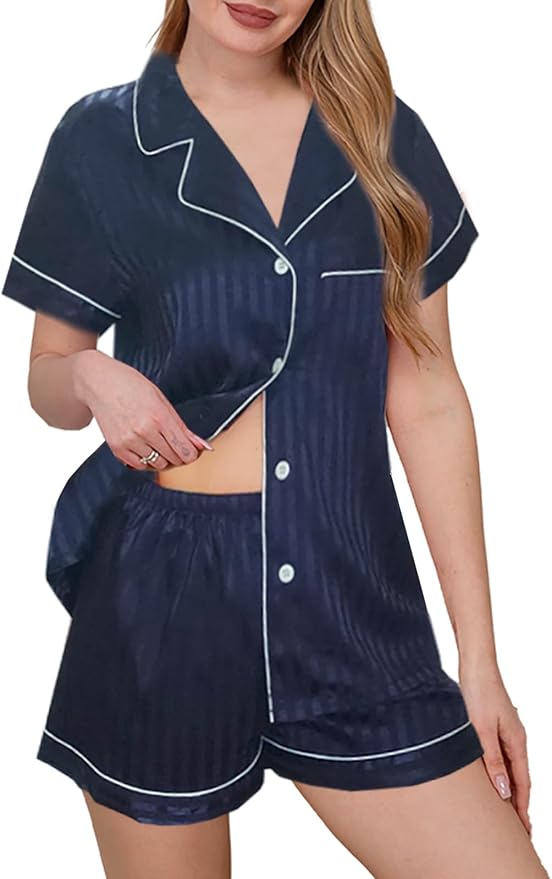 WJing Yi Jia Womens Silk Satin Pajamas Loungewear Two-Piece Sleepwear Button-Down Floral Pj Set XS-4XL