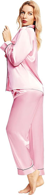 SIHA Satin Silk Pajamas for Women Pajama Set With Long Sleeve Button-Down Satin Pajamas Sleepwear XS-3XL