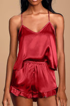 CHYRII Women's Sexy Silk Satin Ruffled Pajamas Sets Cami Shorts Sets Sleepwear