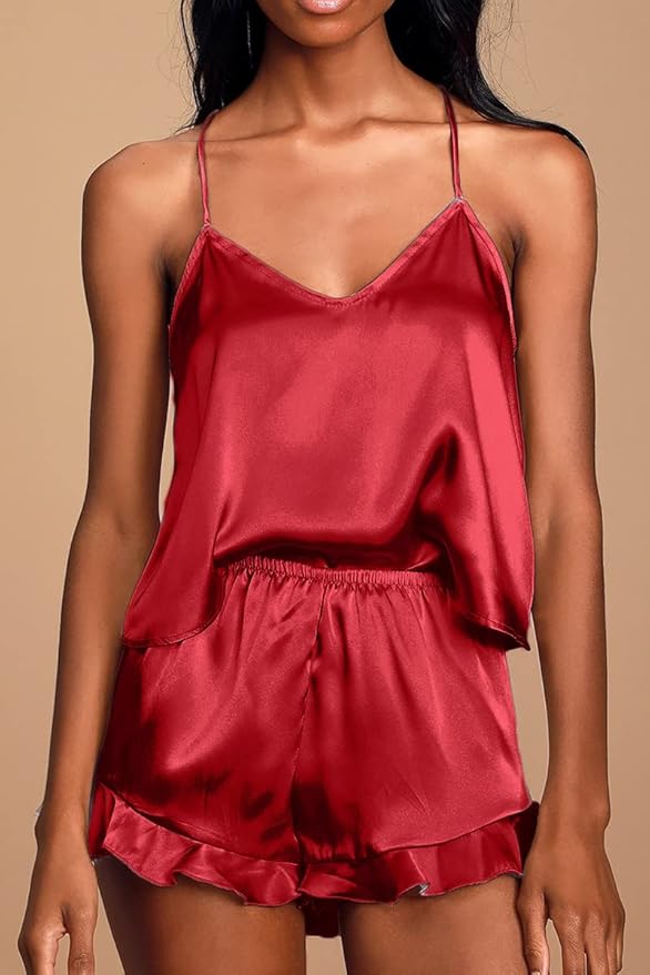 CHYRII Women's Sexy Silk Satin Ruffled Pajamas Sets Cami Shorts Sets Sleepwear