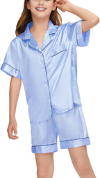 EPLAZA Kids Satin Pajamas Sets Girls Boys Button-Down Silky Pajamas Sleepwear with Hairband Eye Mask Hair Tie