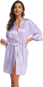 Women's Pure Short Kimono Robes Bride Bridesmaids Silky Bathrobe Lightweight Satin Sleepwear