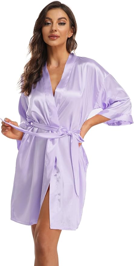 Women's Pure Short Kimono Robes Bride Bridesmaids Silky Bathrobe Lightweight Satin Sleepwear