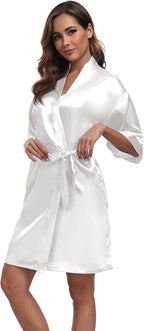 Women's Short Satin Robes Silky Bathrobe Bridesmaid Sleepwear for Wedding Party Getting Ready Solid Color