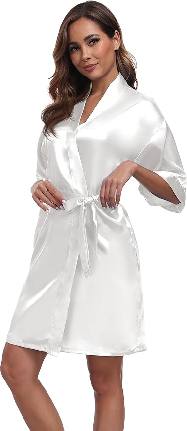 Women's Short Satin Robes Silky Bathrobe Bridesmaid Sleepwear for Wedding Party Getting Ready Solid Color