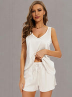 MOYEE Women Silk Pajama Set Soft Satin V Neck Tank Top and Shorts 2 Piece lounge Sets with Pockets