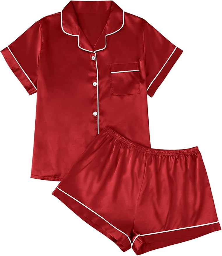 LILLUSORY Silk Satin Pajama Set for Women 2 Piece Lounge Pjs Winter Matching Summer Sleepwear Button Down Shirt Shorts