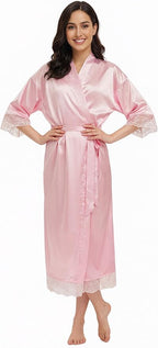 Long Satin Robes for Women Ankle Length Kimono Robes Silky Bridal Party Robes with Lace Trim Bridesmaid Loungewear Sleepwear