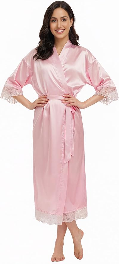 Long Satin Robes for Women Ankle Length Kimono Robes Silky Bridal Party Robes with Lace Trim Bridesmaid Loungewear Sleepwear