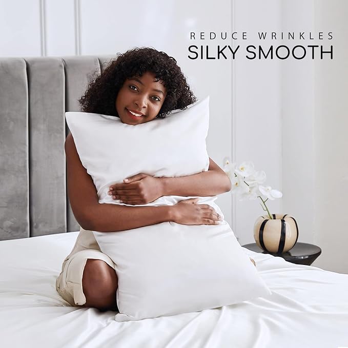 MR&HM Satin Bed Sheets, King Size Sheets Set, 4 Pcs Silky Bedding Set with 15 Inches Deep Pocket for Mattress (King, White)