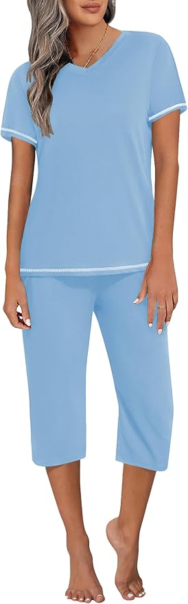 Ekouaer Women's Sleepwear Capri Pajama Sets Short Sleeve Two-Piece Pjs V Neck Tops & Capri Pants with Pockets S-3XL