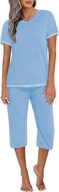 Ekouaer Women's Sleepwear Capri Pajama Sets Short Sleeve Two-Piece Pjs V Neck Tops & Capri Pants with Pockets S-3XL