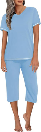 Ekouaer Women's Sleepwear Capri Pajama Sets Short Sleeve Two-Piece Pjs V Neck Tops & Capri Pants with Pockets S-3XL