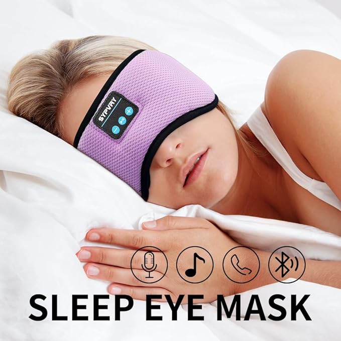 Bluetooth Headphones Headband Eye Mask Wireless Bluetooth Sleep Mask for Side Sleepers Velcro Adjustable Bluetooth 5.3 Speaker Microphones Airplane Travel Light Blocking Music Eye Cover, Purple