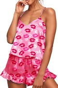 CHYRII Women's Sexy Silk Satin Ruffled Pajamas Sets Cami Shorts Sets Sleepwear