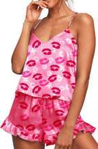 CHYRII Women's Sexy Silk Satin Ruffled Pajamas Sets Cami Shorts Sets Sleepwear