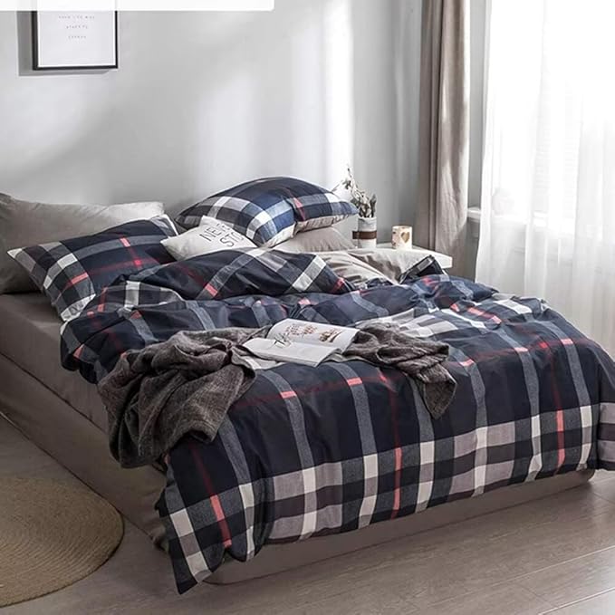 Luxlovery Navy Plaid Comforter Set King Men Women Blue Tartan Bedding Set King Size Geometric Buffalo Checkered Blanket Quilts Soft Breathable Navy Grid Comforter for Adults