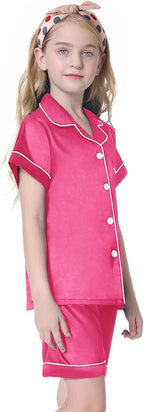 Umeyda Women & Girls Pajamas Set, Soft Satin Lightweight Silk Button-Down Top with Shorts 2 Piece PJS for Mom Boys Kids Gifts