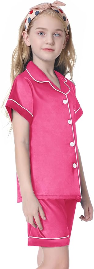 Umeyda Women & Girls Pajamas Set, Soft Satin Lightweight Silk Button-Down Top with Shorts 2 Piece PJS for Mom Boys Kids Gifts
