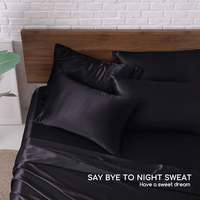 MR&HM Satin Bed Sheets, Queen Size Sheets Set, 6 Pcs Silky Bedding Set with 15 Inches Deep Pocket for Mattress (Queen, Black)