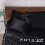 MR&HM Satin Bed Sheets, Queen Size Sheets Set, 6 Pcs Silky Bedding Set with 15 Inches Deep Pocket for Mattress (Queen, Black)