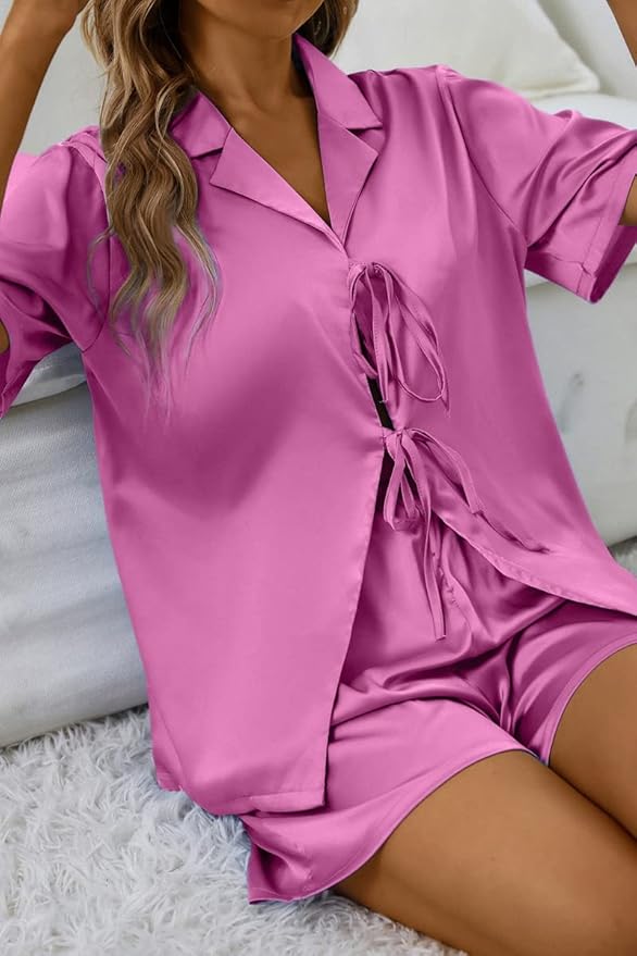 CHYRII Women's Silk Satin Pajamas Sets Tie Front Short Sleeve Tops and Shorts Two Piece Pj Sets Sleepwear